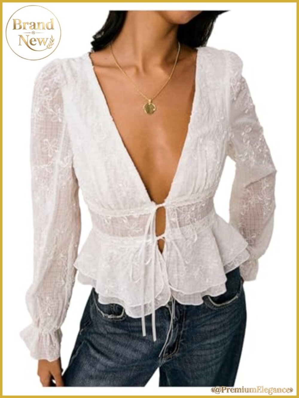 Women's Floral Embroidery Blouse Deep V Neck Ruffle Hem Long Sleeve Top